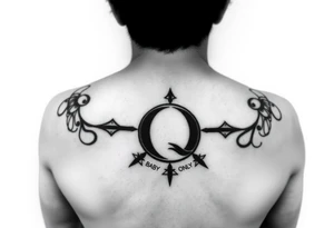 A womb tattoo with a Q in the center, with three points around the outside. The first reading, "BLACK". The second reading, "BABY". The third reading, "ONLY". tattoo idea