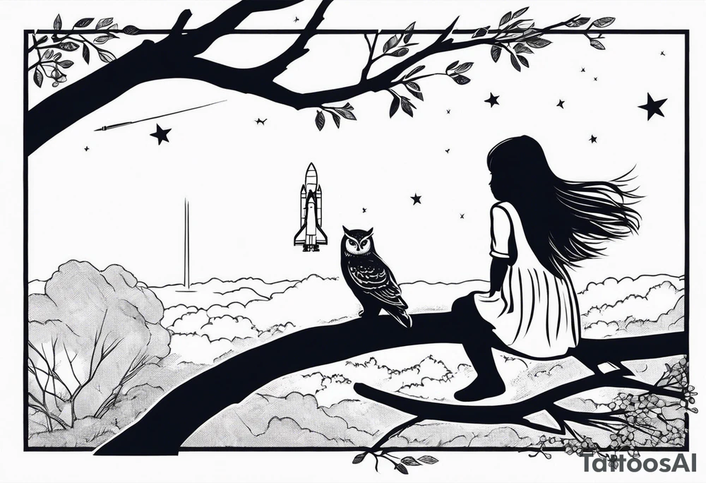 back of small girl in dress with long hair sitting on a tree branch watching a space shuttle launch in the distance, scene set within an owl tattoo idea