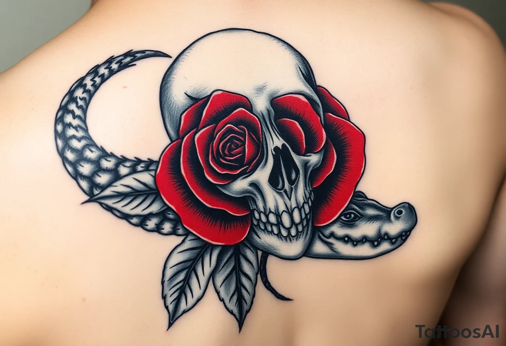 the Tudor rose at the center, all crimson petals edged in black velvet thorns, blooming right out of the skull’s eye socket like it’s growing from his bones. The skull’s grinning, but soft—like he’s in on the joke. And the alligator? He’s coiled around the whole thing, tail curling under the jaw, jaws open just enough to show teeth that look... almost tender. Like he’s protecting it. Or about to eat it.
Maybe a little mist, some ivy creeping up the spine of the rose. Dark greens, deep reds, charcoal shadows. No brights—just that old, heavy velvet feeling. tattoo idea