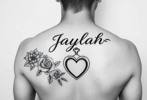 The name Jaylah With Roses and Foot Print and Pocket watch shaped like a Heart on forearm tattoo idea