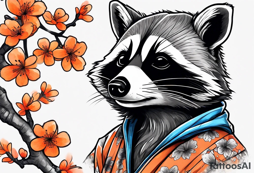 raccoon wearing a black and white Superman hoodie and orange Japanese cherry blossoms tattoo idea
