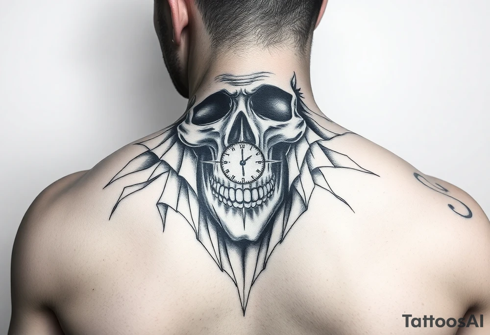 Un rostro masculino dividido en capas como una máscara que se rompe o se desvanece en viento o formas geométricas.

Dentro, se ve una calavera, un reloj o una brújula. tattoo idea
