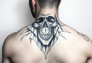 Un rostro masculino dividido en capas como una máscara que se rompe o se desvanece en viento o formas geométricas.

Dentro, se ve una calavera, un reloj o una brújula. tattoo idea