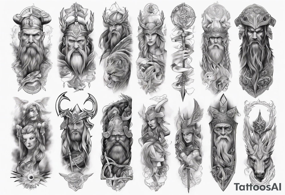 Upper arm sleeve of norse mythology tattoo idea