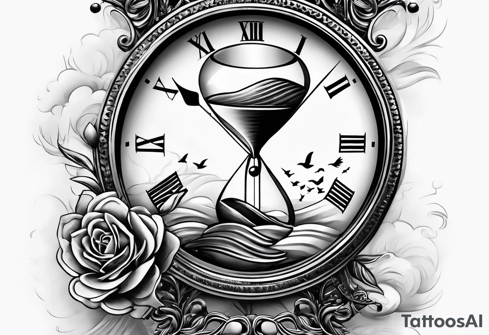 Make time count. watch and sand flying around hourglass tattoo idea