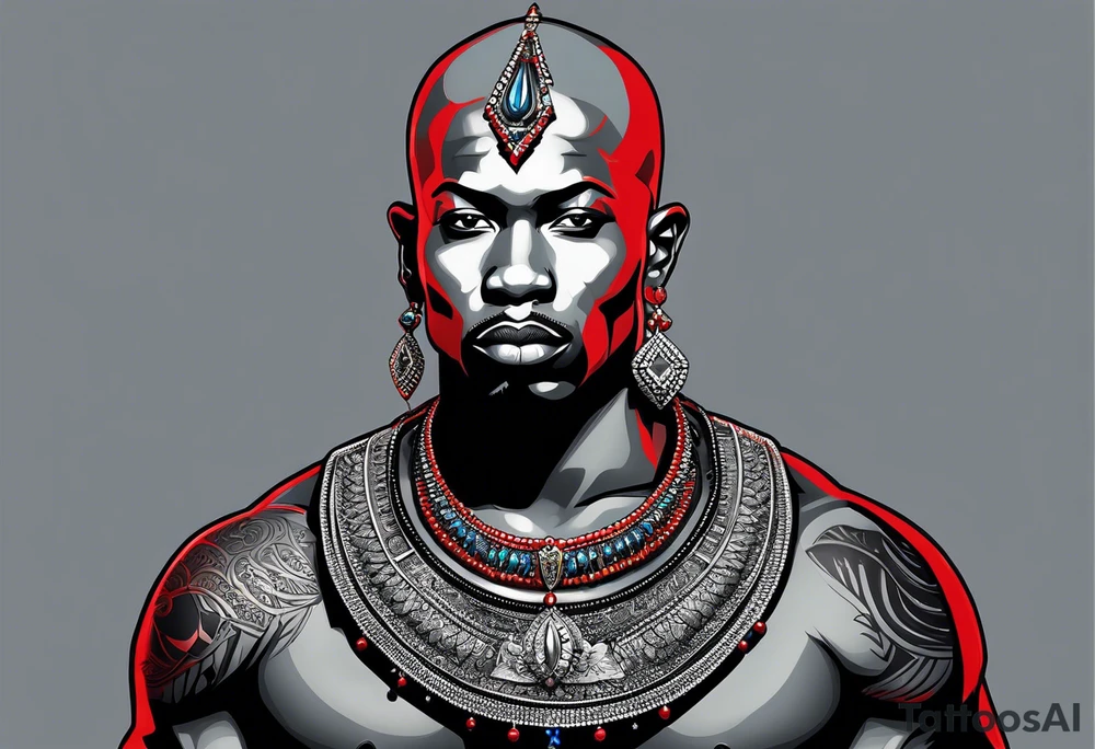 Black-skinned bald african warrior. He wears a simple and small silver crown. He uses two simple necklaces: one blue, other red. tattoo idea