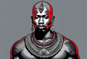 Black-skinned bald african warrior. He wears a simple and small silver crown. He uses two simple necklaces: one blue, other red. tattoo idea