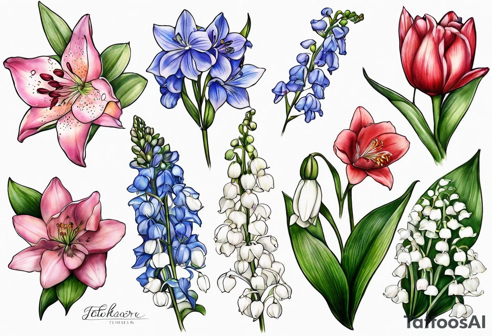 Larkspur, Lily of the valley, water, lily, Hawthorne, flower, carnation, snowdrop flower half sleeve tattoo idea