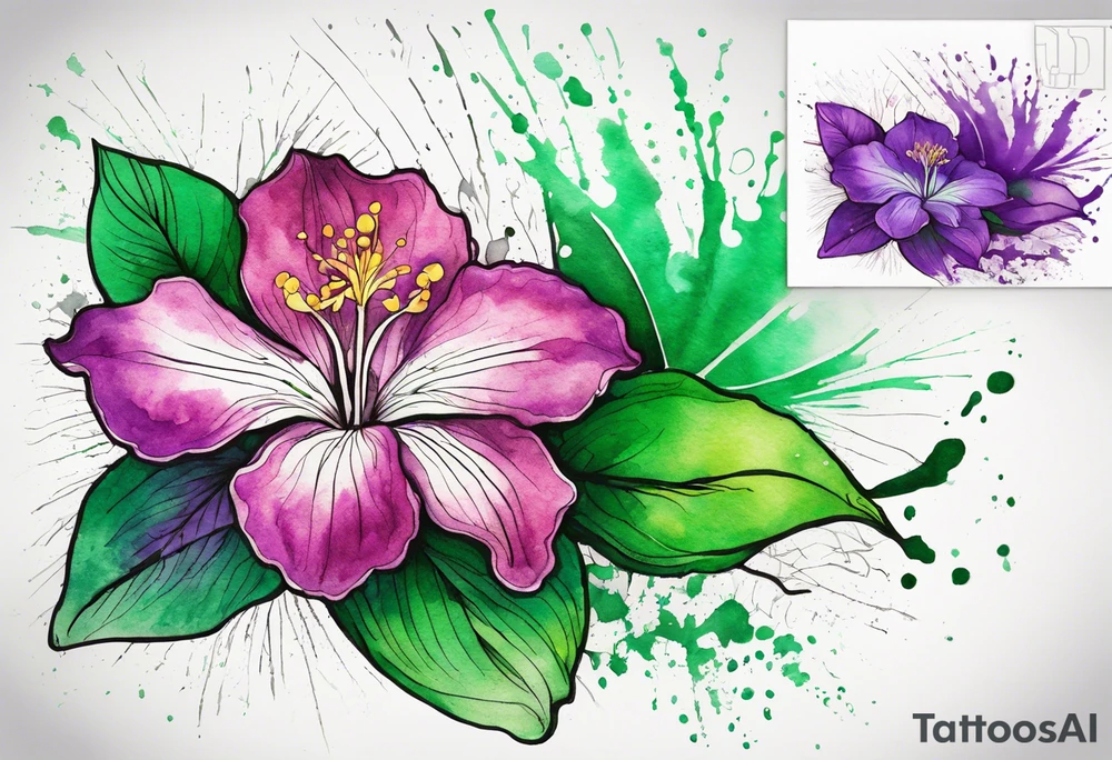 An outline of an only green rio dipladenia flower and a green and purple watercolor splash in the background tattoo idea