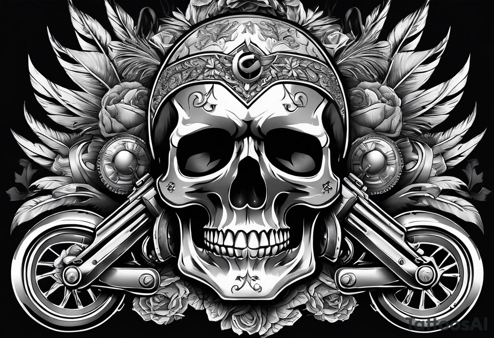 skulls with motorcyles along with guns and money tattoo idea