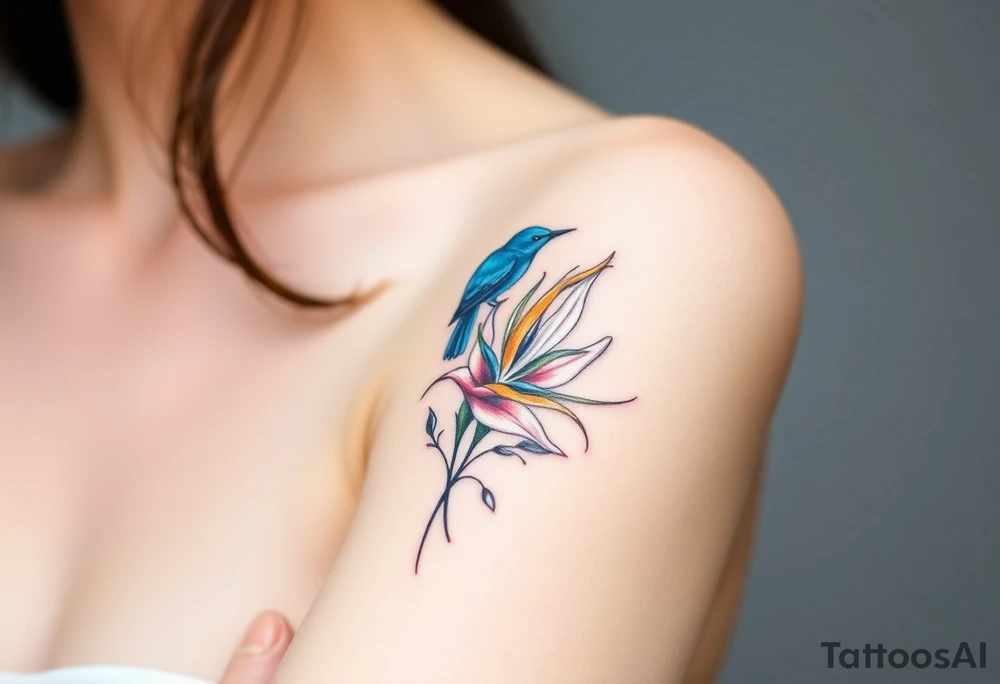Bird of paradise flower with blue bird tattoo idea