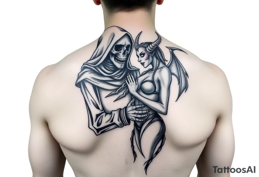 Grim reaper in love with sexy female demon tattoo idea
