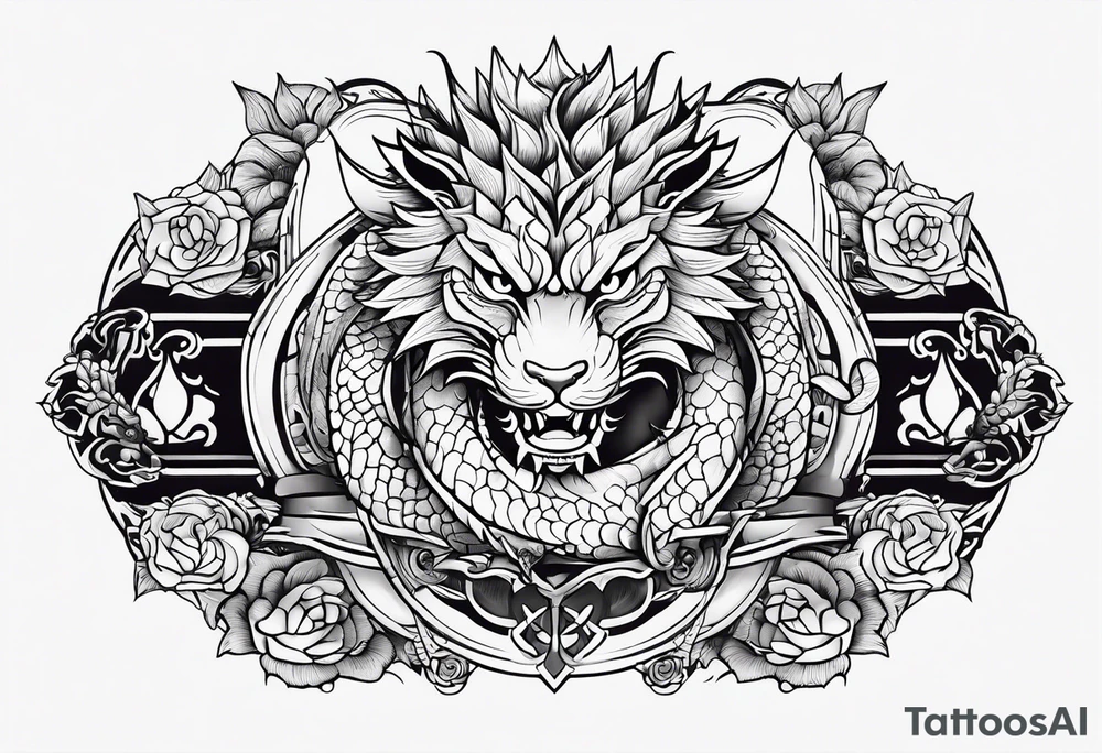 wristband tattoo with dragon and cat tattoo idea