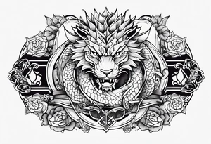 wristband tattoo with dragon and cat tattoo idea