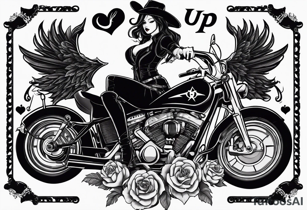 Sexy, feminine, gangster, guns, angel/devil, speed bike heart pulse, kuromi, mason symbol, "cowboy up" handwriting, tattoo idea