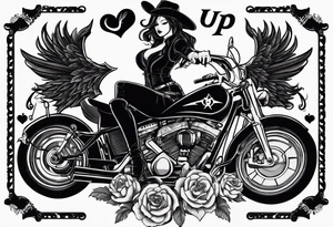 Sexy, feminine, gangster, guns, angel/devil, speed bike heart pulse, kuromi, mason symbol, "cowboy up" handwriting, tattoo idea