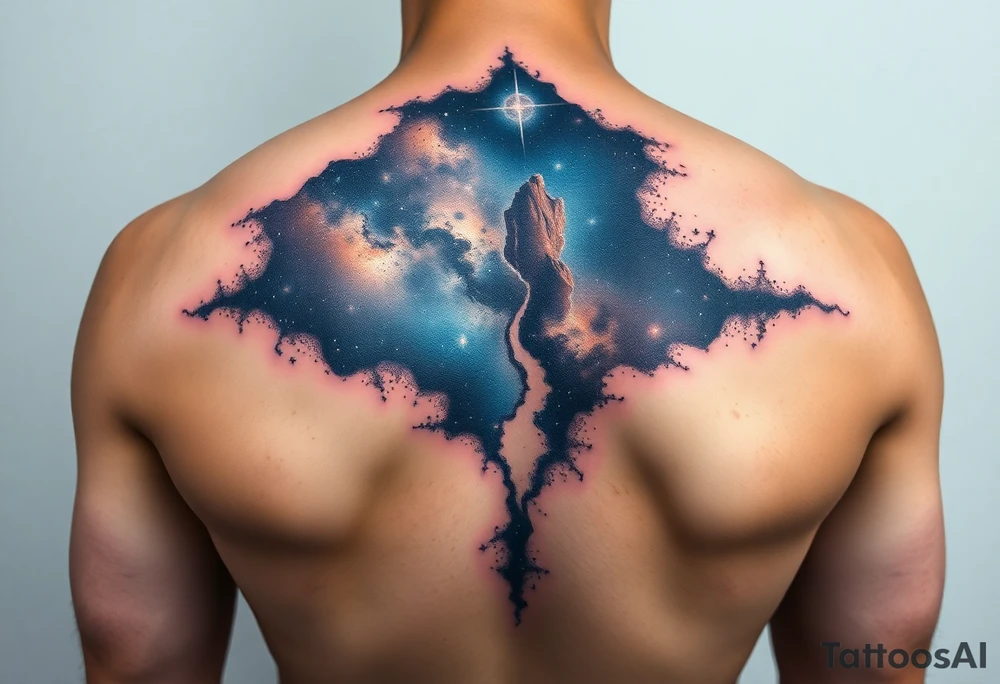 Beautiful and epic 3d milky way that appears to be what is beneath the skin. Make it drape over the shoulder and move to the middle back. use negative spaces to create stars and dust. Incorporate God breathing life into the universe. Keep it symmetrical tattoo idea