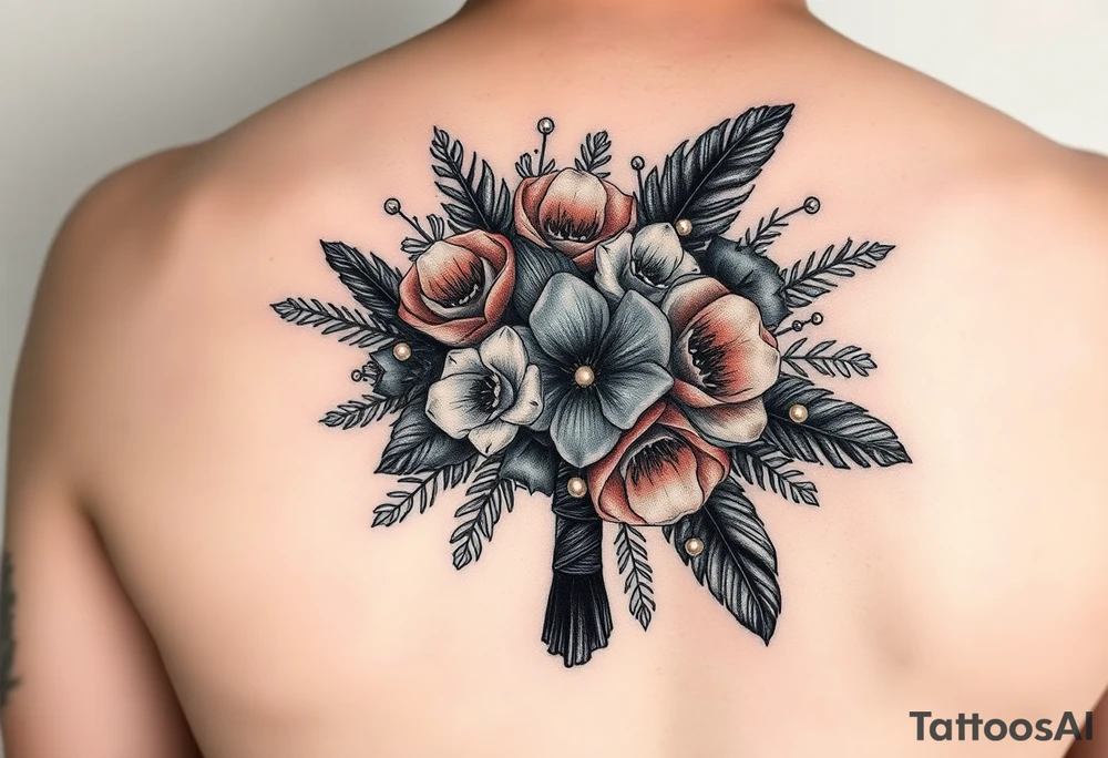 A wedding bouquet of black , cream and  rosegold flowers surrounded by black feathers as the wrapping with one single pearl along the spine of each feather tattoo idea