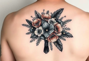 A wedding bouquet of black , cream and  rosegold flowers surrounded by black feathers as the wrapping with one single pearl along the spine of each feather tattoo idea