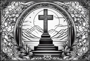 Tomb with cross and sun in the background tattoo idea