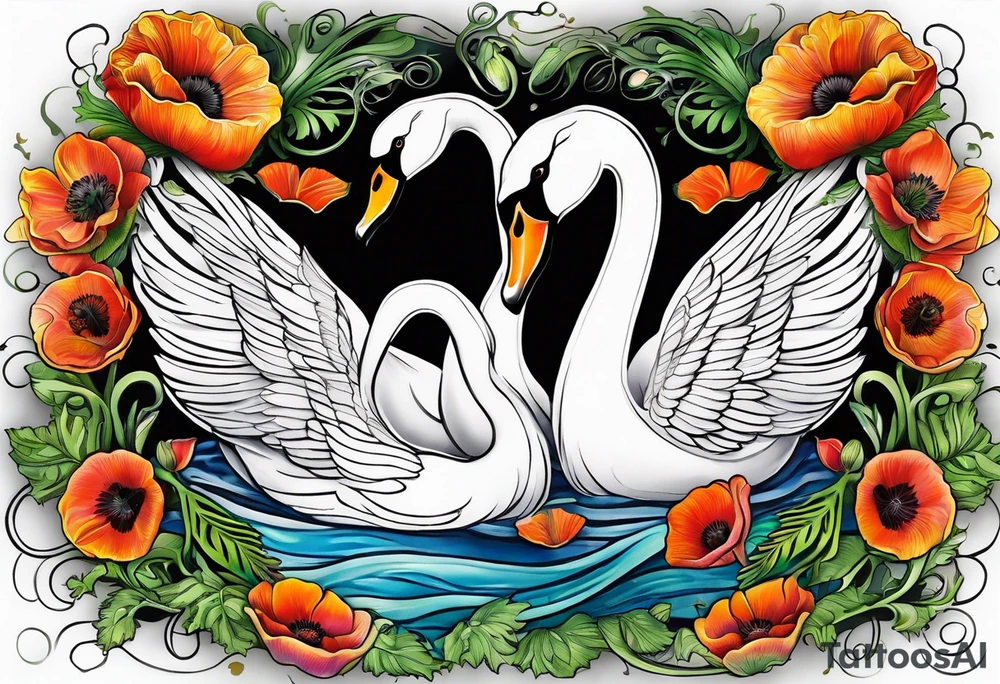 Colorful swan tattoo with poppies, Lily of the basket, sweet pea, fern leaf tattoo idea