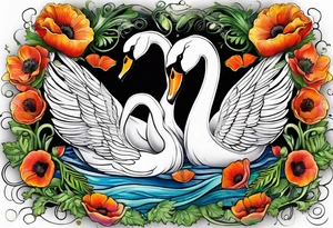 Colorful swan tattoo with poppies, Lily of the basket, sweet pea, fern leaf tattoo idea