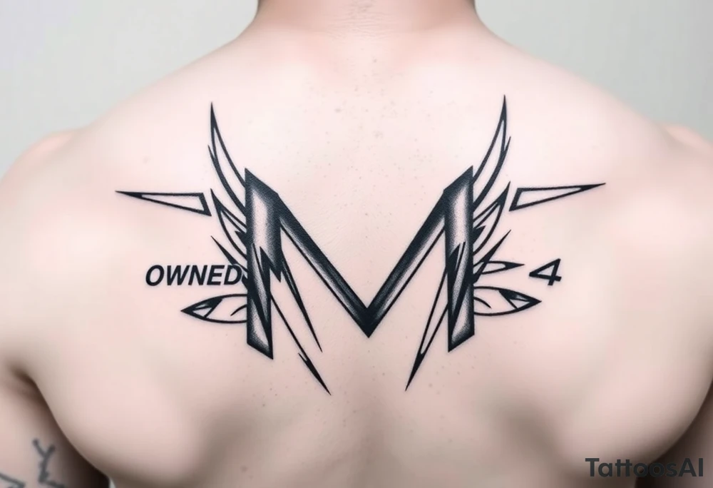 Futuristic Design
	•	Font: Angular or sci-fi-inspired font (e.g., Orbitron or Exan).
	•	Style:
	•	“owned by” is in clean, futuristic minor letters with no serifs.
	•	“M” is angular, bold, and centered with a slight 3D effect.
	•	Overall Shape: Sleek and cutting-edge, with a modern aesthetic tattoo idea