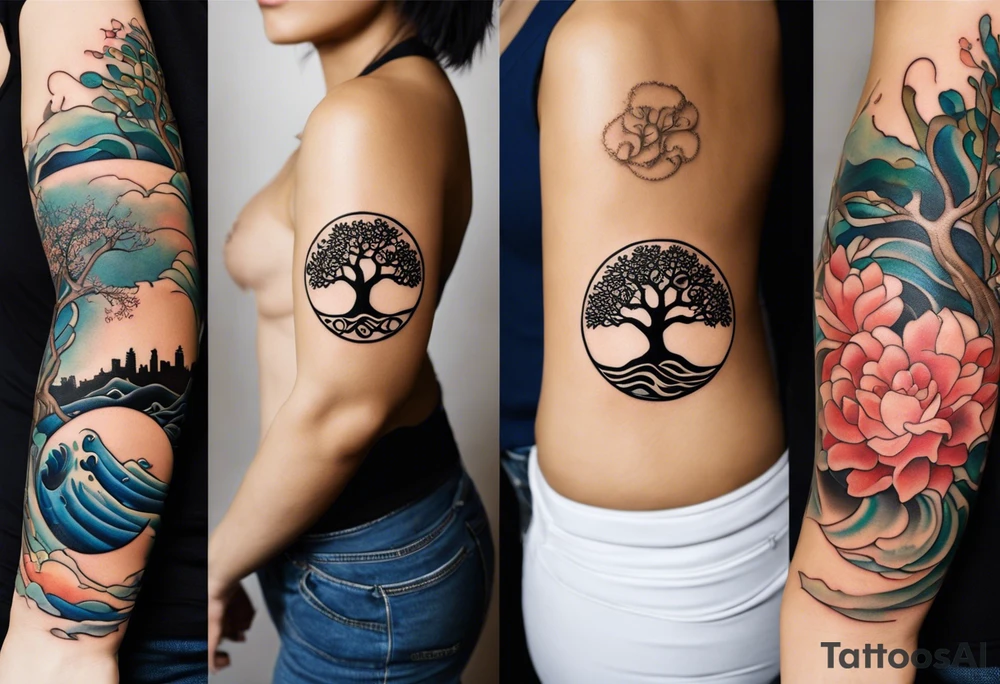 A tattoo of an abstract Tree of Life tattoo to be placed directly on the bicep of a woman. It can wrap around the arm a little. It should have roots growing out of the bottom. The roots slowly turn into water from the Great Wave by Hokusai. A golf flag should be placed discreetly growing out of the ground. 2 license plate tags should be hanging from the tree. Place a few music notes in the areas the leaves should be. The letters A U should be engraving into the tree trunk in a heart. tattoo idea