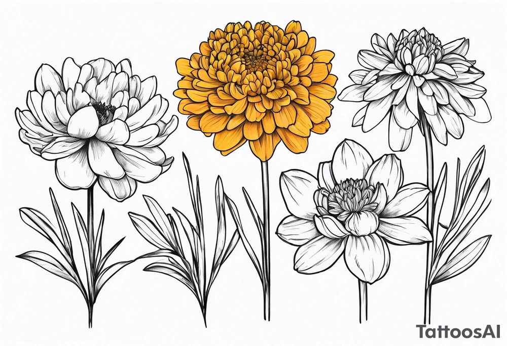 One stemless marigold, chrysanthemum, and
narcissus tattoo idea One stemless marigold, chrysanthemum, and
narcissus tattoo idea