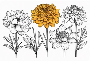 One stemless marigold, chrysanthemum, and 
narcissus tattoo idea