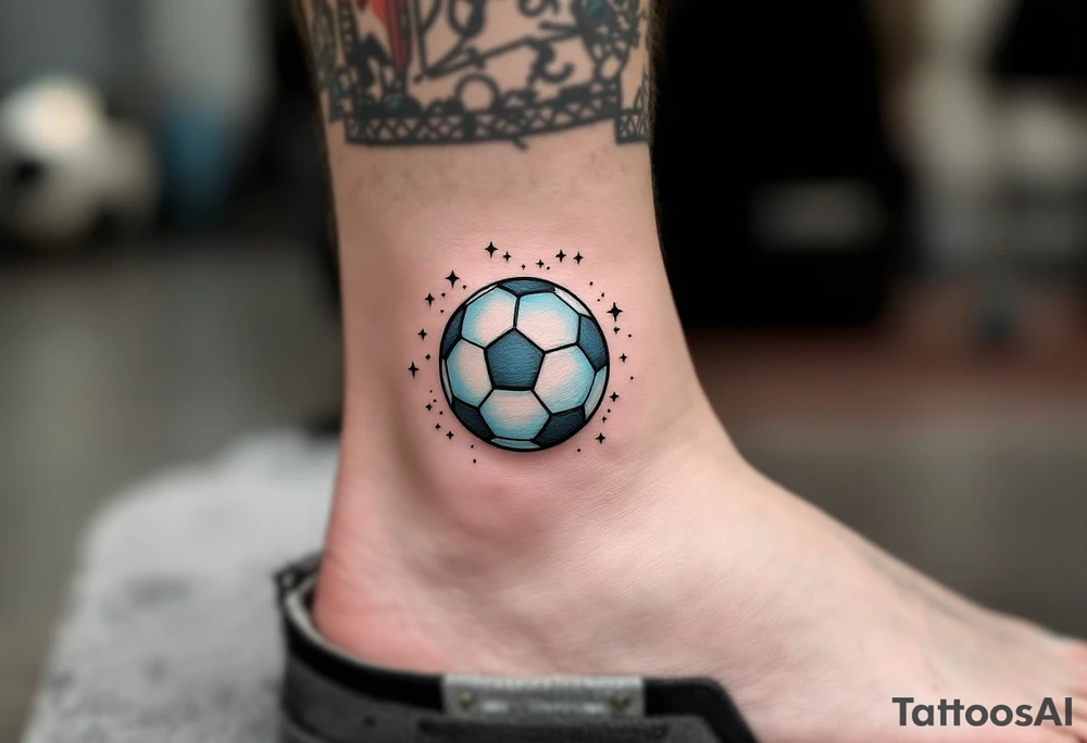 A small ankle tattoo of a pastel blue soccer ball with sparkles around it for a playful look. tattoo idea
