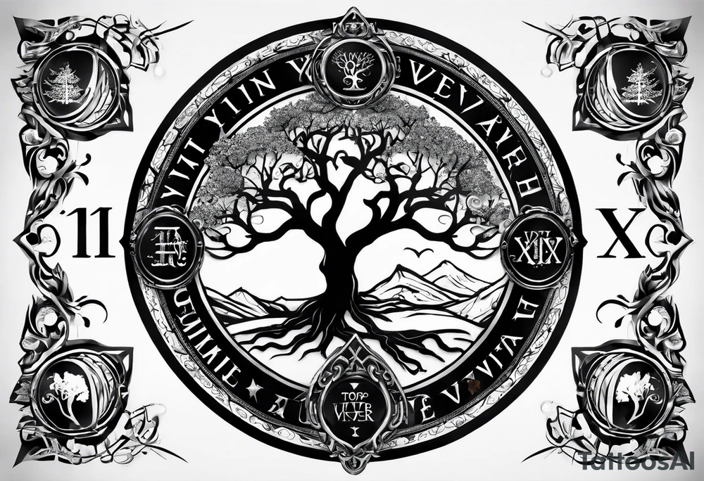 Yggdrasil with no leaves. 
A roman inscription "MEMENTO VIVERE" on the top. 
A metal bracelet with the date "XXXI-VII-MMXV" tattoo idea