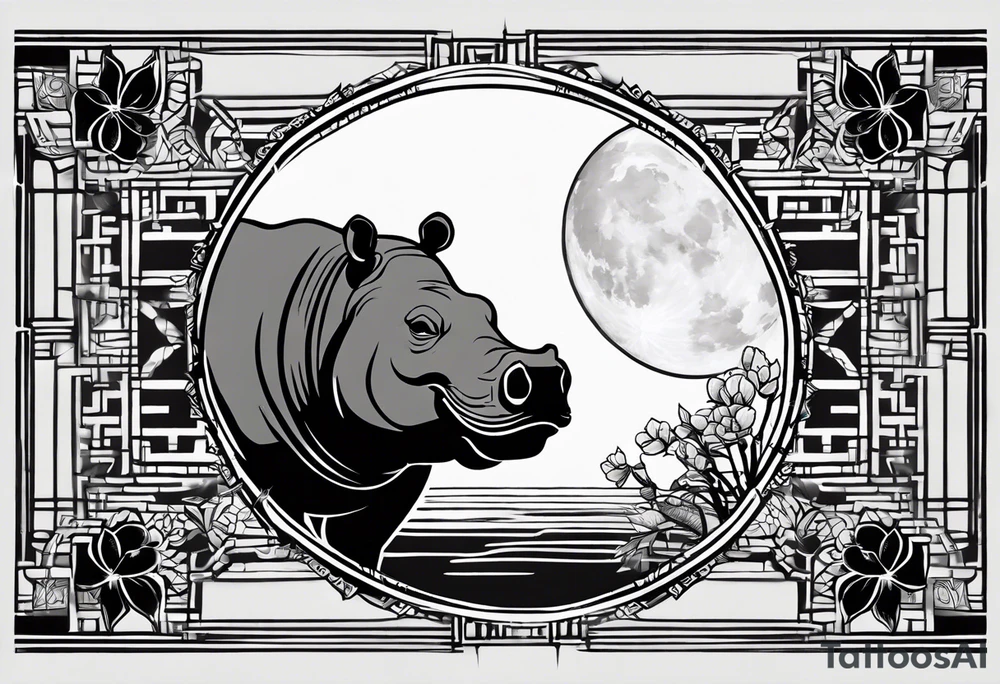 Very asymmetrical, +geometric pattern, with realistic full moon, with seeious looking hippo, +zen feel, + Buddhism touch, +tribal, +geometric
with wintersweet flower bud, +portrait orientation, +inkart touch, tattoo idea