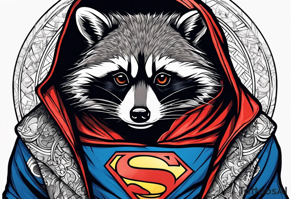 raccoon wearing a Superman hoodie tattoo idea