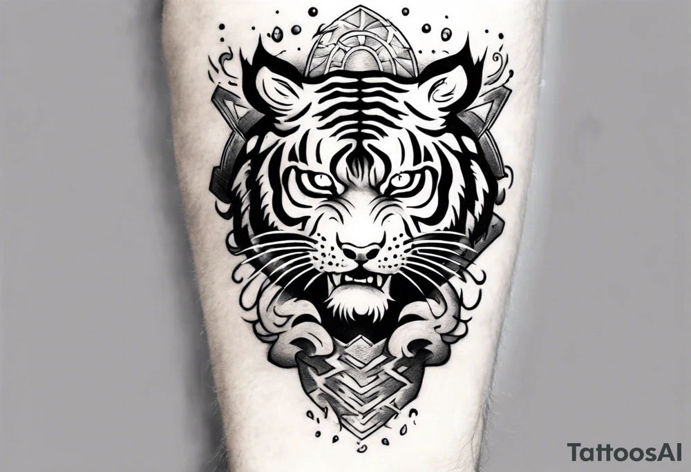 Tiger Warrior sleeve tattoo with lightning and the sun
Forearm sleeve tattoo idea