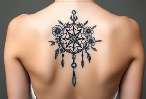 Boho dream catcher with compass and anchor Beautiful flowers and an ornamental chandelier like look tattoo idea