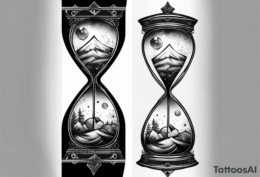 Hourglass, cosmic dust exploding from the top and bottom of the hourglass. Long tattoo to fit on the forearm, masculine tattoo idea