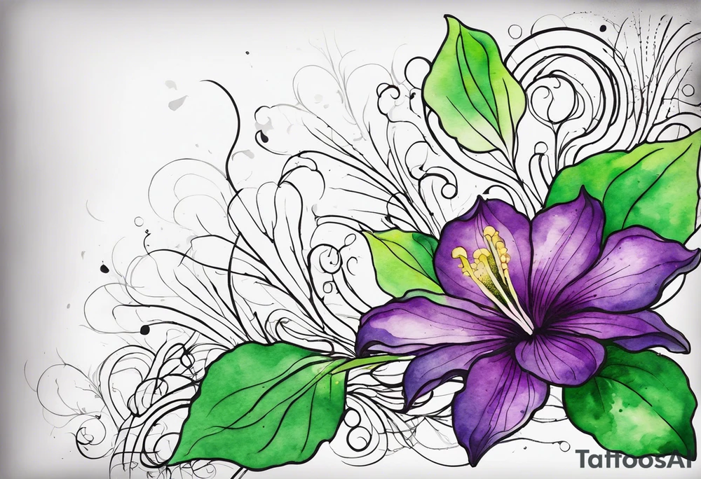 A mystical outline of a rio dipladenia flower and a green and purple watercolor splash in the background tattoo idea