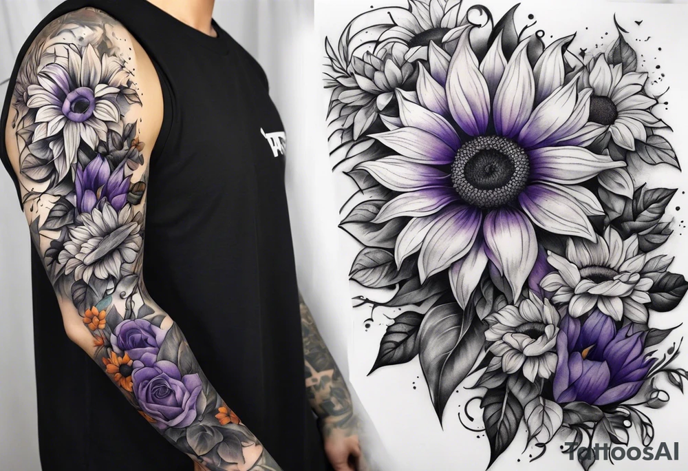 Full arm sleeve with purple, orange and blue sunflowers tattoo idea