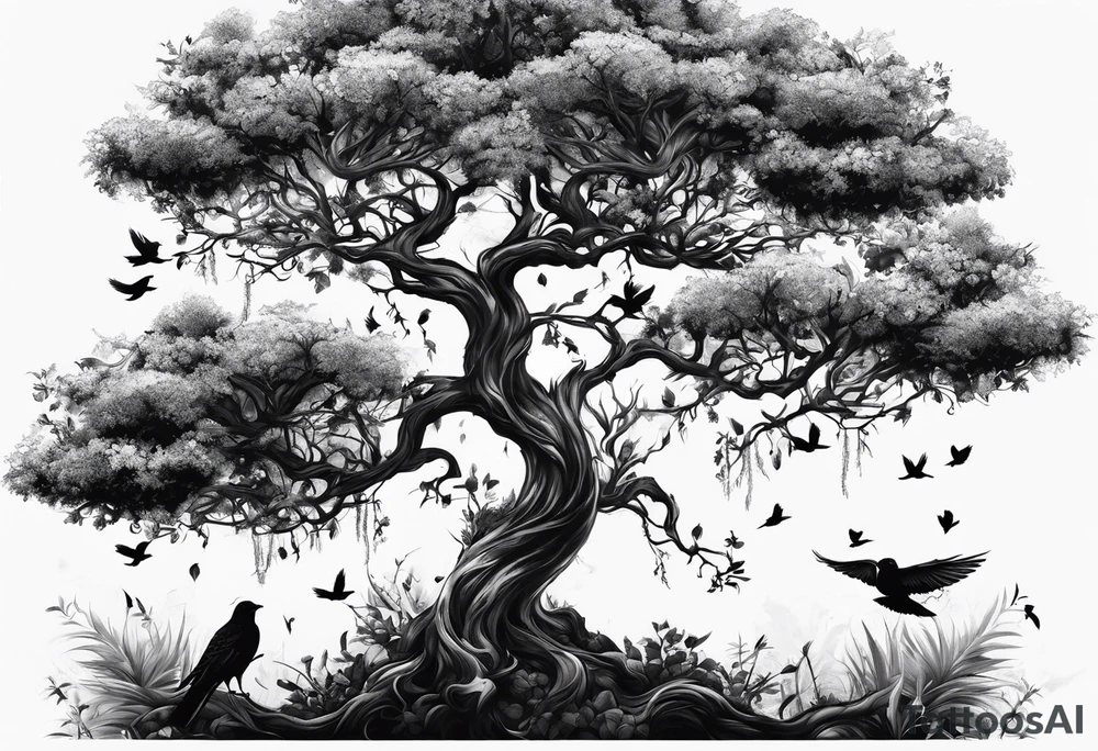 poison tree, strong, tall, birds, planteles tattoo idea