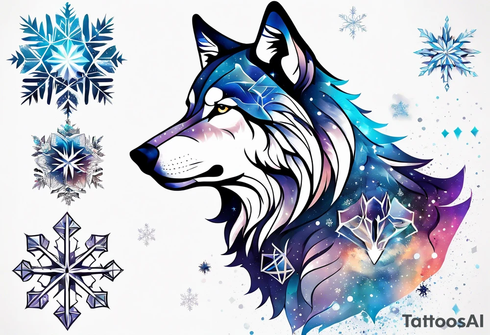 Constellation, two animal wolf, géométric, snowflake tattoo idea