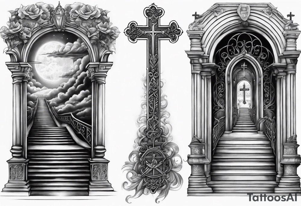 Christian tattoo forearm, stairs to heaven bottom has death and the top has the gates, behind the gates is the cross tattoo idea