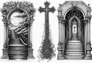 Christian tattoo forearm, stairs to heaven bottom has death and the top has the gates, behind the gates is the cross tattoo idea