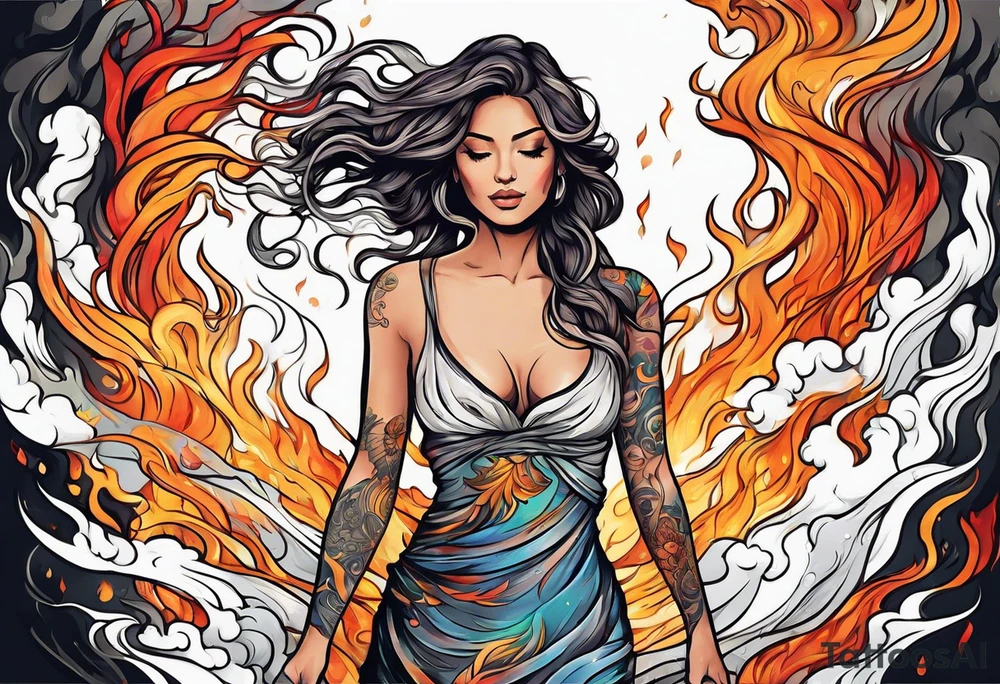 Resurrection strength and courage Beautiful Woman walking through fire and chaos to inner peace and self-love  ethereal tattoo idea