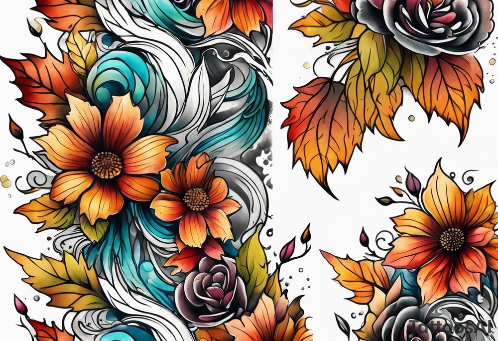 Knee tattoo in fall colors with water flow washes tattoo idea