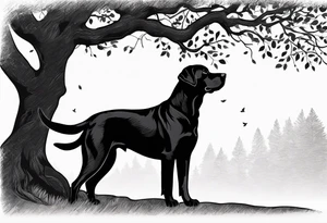 Silouette of a black lab under a tree curved to right. No detail on lab. Lab drawn to scale. tattoo idea