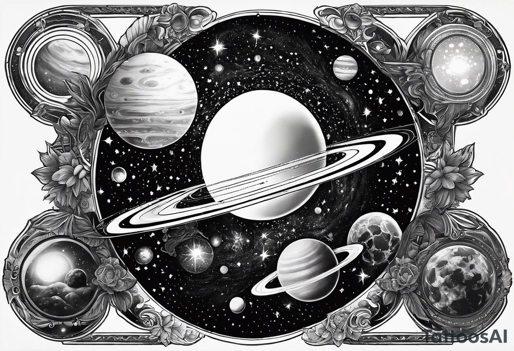 A tattoo featuring a cosmic scene with planets, black holes, and supernovae reflected in a mirror tattoo idea