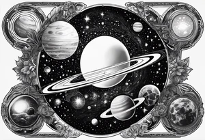 A tattoo featuring a cosmic scene with planets, black holes, and supernovae reflected in a mirror tattoo idea