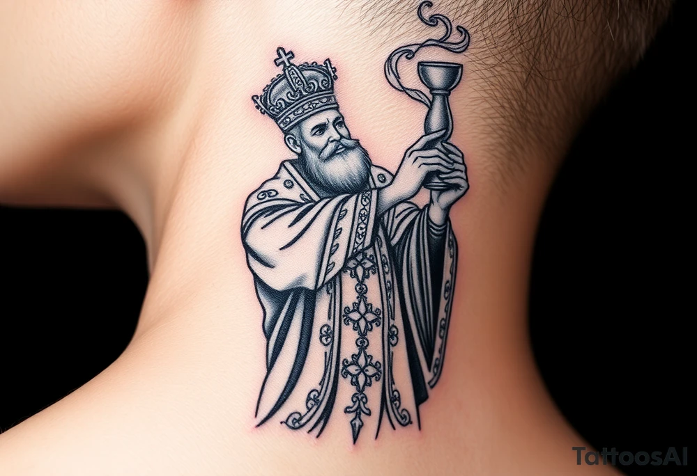 Russian Orthodox Priest in a fully detailed gold vestment swinging a censer with smoke curling upward tattoo idea