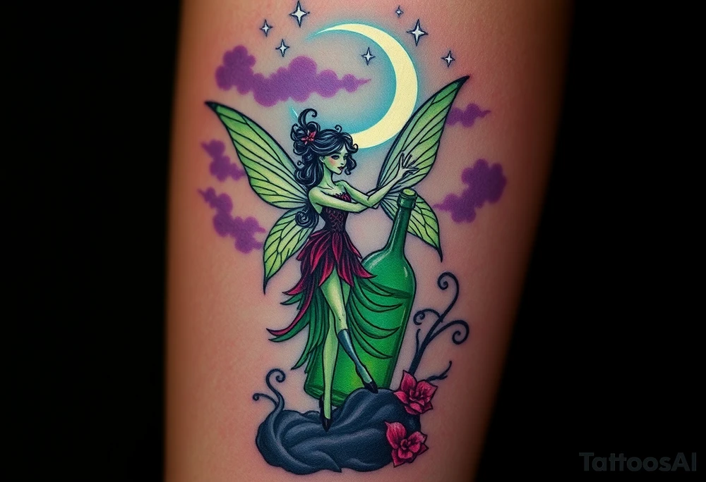Tim Burton’s pin up style Vintage Parisian elegant and hauntingly beautiful yet eerie full body absinthe Green Fairy dances outside her victorian crystal decatur absinthe bottle Absinthe Art Nouveau   and dripping with muted reds, dusty pinks, and eerie green glow.purple and cyan smokey clouds swirl in the crescent moonlit sky thats sprinkled with stars tattoo idea